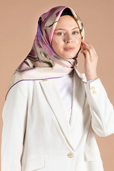 Vissona %100 Twill İpek Çiçek Desenli Mor - Pembe Renkli 90x90 Dikim Şekli : ...