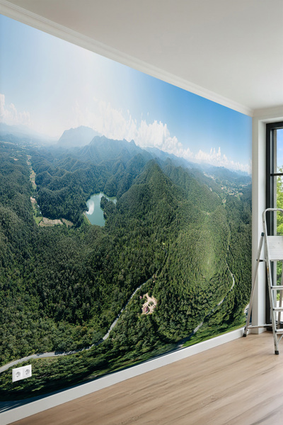 MİRAZAWALL Kuş Bakışı Dağ ve Orman Göl Manzaralı Tek Parça Tekstil Duvar Kağıdı