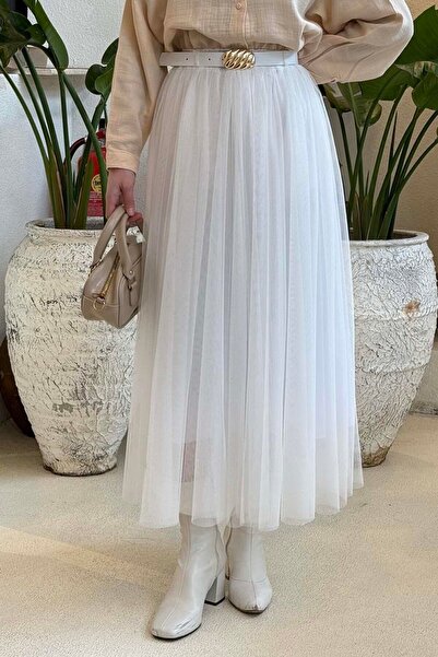 lamelif Pleated Belted Tulle Skirt White