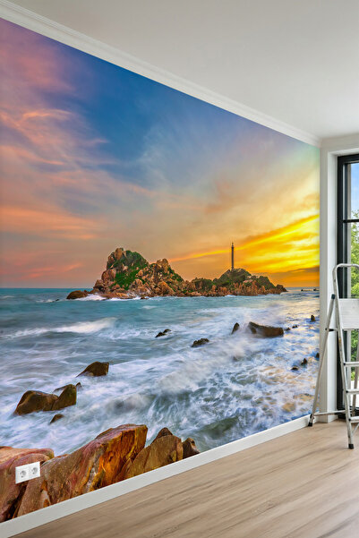 MİRAZAWALL Fenerli Kayalık Gün Batımı Deniz Manzaralı Tek Parça Tekstil Duvar...