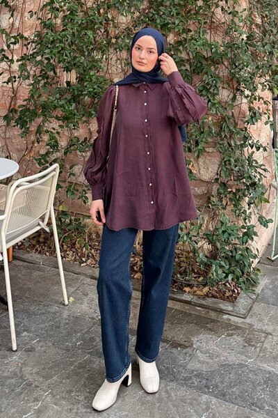 lamelif Wide Collar Ribbed Shirt Plum