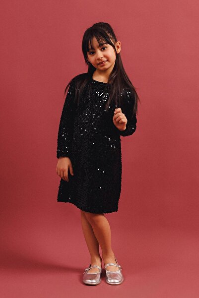 Perendi Rochie din catifea cu mâneci lungi și paiete pentru fete – Rochie de ...