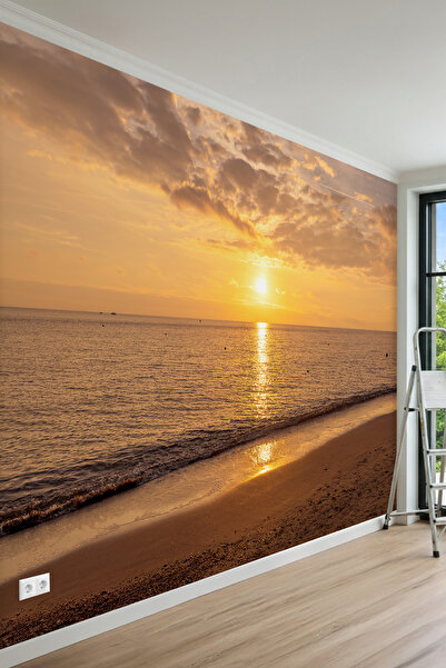 MİRAZAWALL Dalgalar Eşliğinde Gün Batımı Manzaralı Tek Parça Tekstil Duvar Ka...