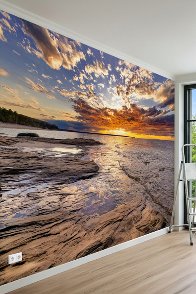 MİRAZAWALL Kayalık Plaj Üzeri Gün Batımı Manzaralı Tek Parça Tekstil Duvar Ka...