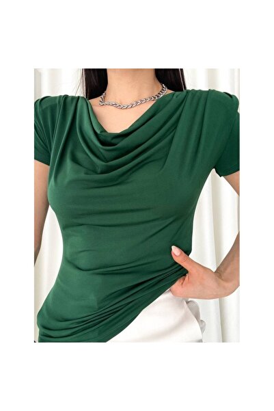 vuvutasarım Women's Padded Shoulders Pleated Short Sleeve Sandy Fabric Blouse...