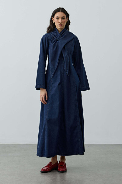 Fahhar Fular Detaylı Denim Elbise Lacivert
