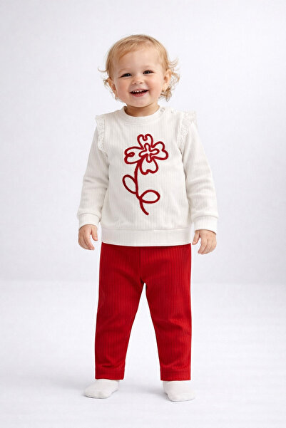 dinamik çocuk Baby girl top and bottom set, floral embroidered ribbed knit tw...