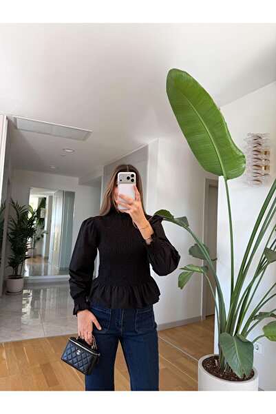 MERVE AKSOY Gipeli Poplin Bluz - Siyah
