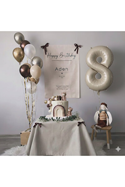 Çemrek Süs Parti Bej Krem Kahve Gümüş Gold Balon Demeti Seti Rakam Folyo Balo...