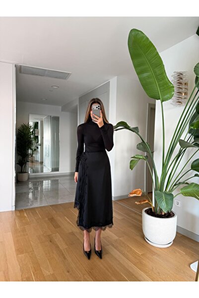 MERVE AKSOY Dantel Detaylı Bağlamalı Saten Etek - Siyah