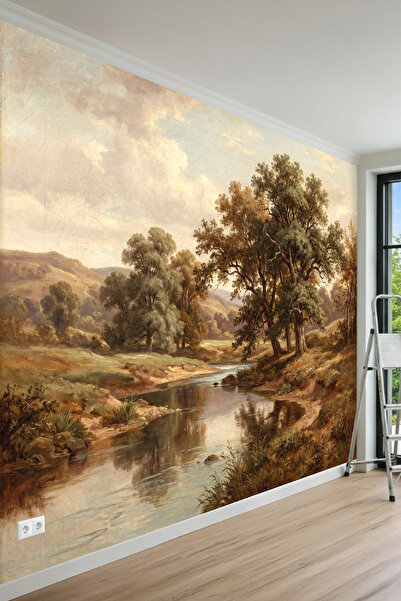 MİRAZAWALL Klasik Yağlı Boya Doğa Manzaralı Dere ve Ağaç Desenli Tek Parça Te...