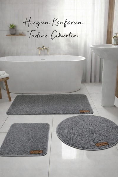 Flow Home 3’lü Peluş Banyo Paspası Kaymaz Tabanlı Yıkanabilir Lüks Yumuşak Kl...