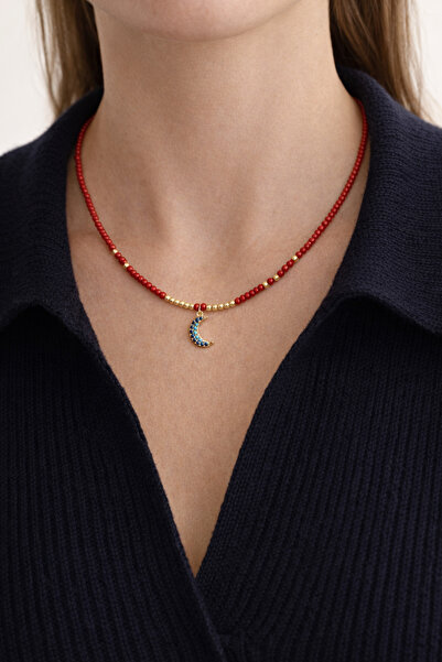 POYASE Kırmızı Taşlı Ay Figürlü Kolye Altın Renk Detaylı El Yapımı Boncuk Kolye