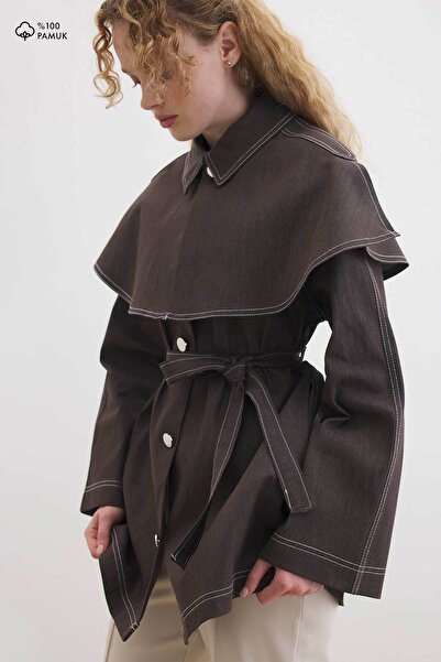 Hooopstore Detachable Cape Collar Brown Shirt