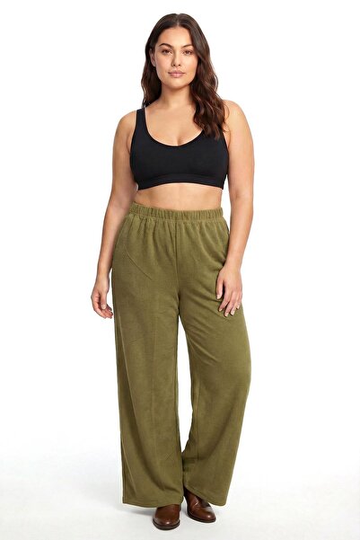 Akbeniz Women's Khaki Textured Plus Size Pajama Bottoms with Pockets