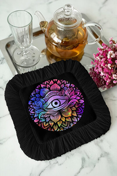 Evimde Bambaşka منديل قماشي مزخرف بحواف على شكل زهرة اللوتس - منديل أسود عرقي...