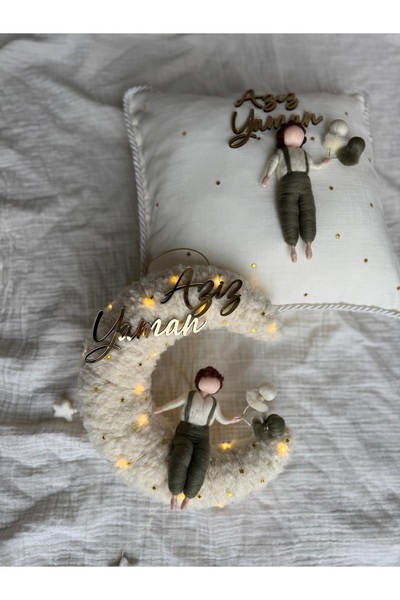 Pure baby handmade Erkek bebek ledli kapı süsü ve takı yastığı