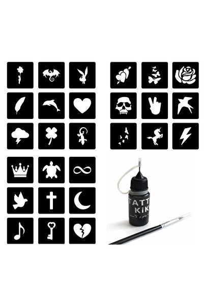 Airbrush Tattoo Kalem Uçlu Geçici Dövme Boyası Şablon ve Fırça Hediyeli Mini 3