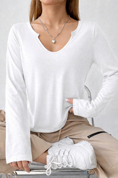 Tarz Cool Plain White Cotton Notched Collar Long Sleeve Fit T-Shirt
