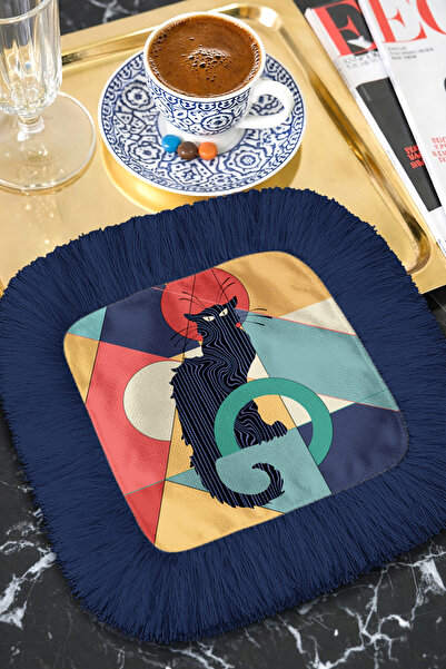 Evimde Bambaşka Geometric Retro Cat Fringed Coffee Side Presentation Napkin -...