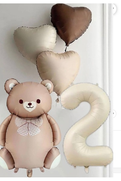 Çemrek Süs Parti Brown Bear Balloon Age and Heart Balloon Set 5 Pieces