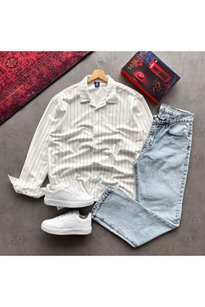 THANBUTİK Crepe Fabric Striped Shirt and Baggy Pants Set