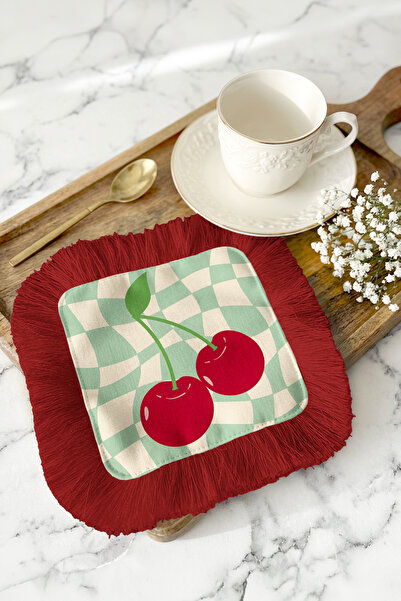 Evimde Bambaşka Șervețel de prezentare cu ciucuri și motiv retro cireșiu - Șe...