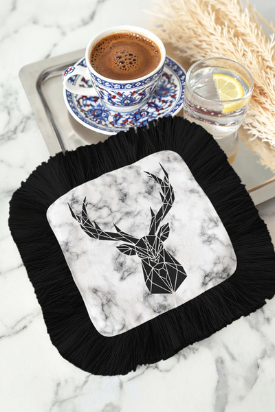 Evimde Bambaşka منديل تقديم مزين بنمط غزال هندسي وشراشيب - منديل أسود عصري أح...