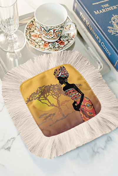 Evimde Bambaşka منديل أنيق مستوحى من أفريقيا بحواف مزخرفة - منديل زينة ذهبي ا...