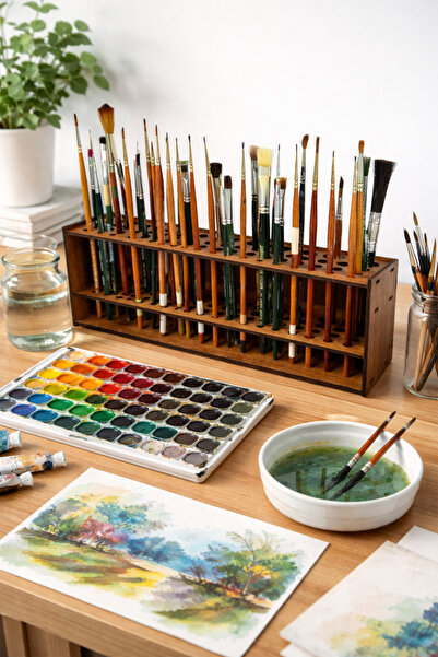 kutuTR MDF Ahşap Fırça Standı – Masaüstü Boya Fırçası Düzenleyici Organizer 2...