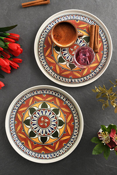 Leila 2'li Crimson Mandala Tepsi 22 cm Kırmızı-Beyaz