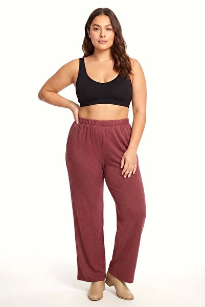 Akbeniz Women's Burgundy Textured Plus Size Pajama Bottoms with Pockets