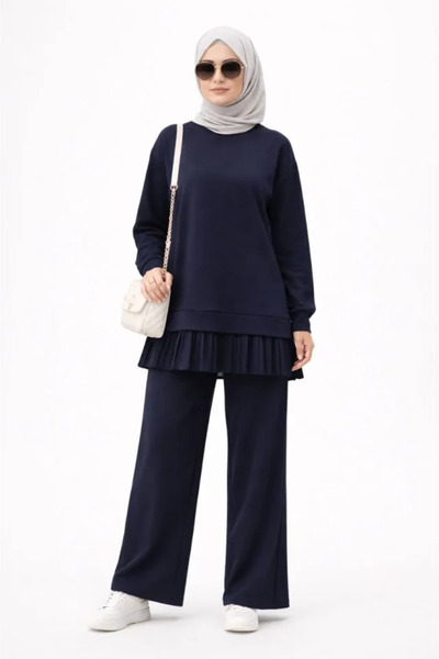 modaserdem Osy Modal Soft Textured Hijab Pleated Set Long Tunic Pants Double ...