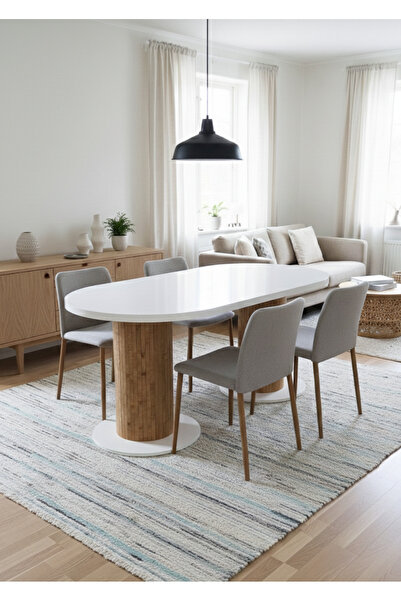 OlcayAksesuar Oslo 180x90x74cm (36MM KALIN KENARLI) Oval Beyaz Sütunlu Mutfak...