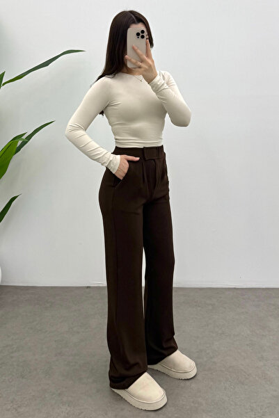 Bipantolon Women's Brown High Waist Velcro Closure Detailed Plazzo Trousers