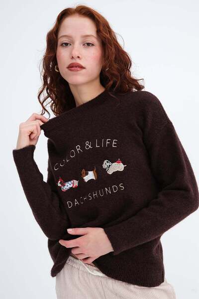 Addax Köpek İşlemeli Triko Kazak K7809