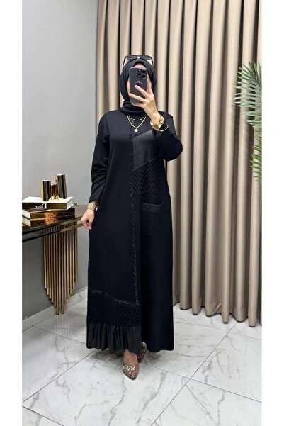 Modanındiyarı DERİ DETAYLI KRİSTAL PENYE ELBİSE