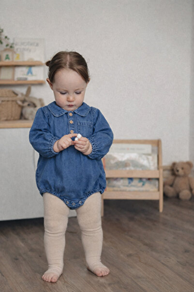 Bebek-Çocuk Mavi Kot Denim Düğmeli Bodysuit Zıbın + Bez Çanta !