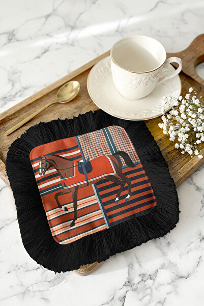 Evimde Bambaşka Zarif At Desenli Saçaklı Sunum Peçetesi-Şık Rustik Çizgili Si...