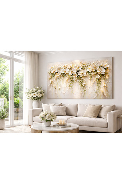 My canvas Beyaz Bahar Rölyef Kabartma Efektli Çiçek Tablosu Kanvas Tablo