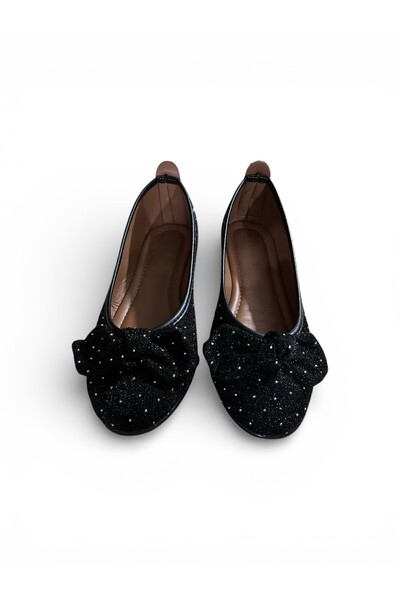 Moda Devrin Black Imported Stone Bow Detail Ballerina Shoes