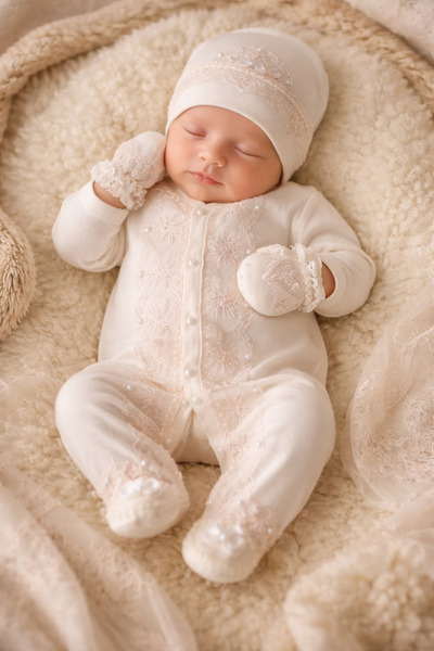 jijek baby kids Premium Kız Bebek Hastane Çıkışı 3’lü Set Ekru – Dantelli İnc...