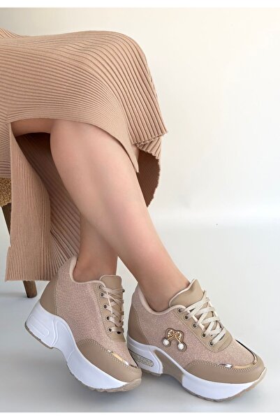 M&B COLLECT Wody Beige Skin Glitter Lace-Up Sneakers