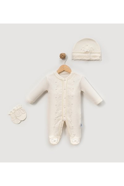 jijek baby kids Premium Girls' Newborn Hospital خروج 3-Piece Set Ecru – Lace Pearl-Embroidered Newborn Romper Set