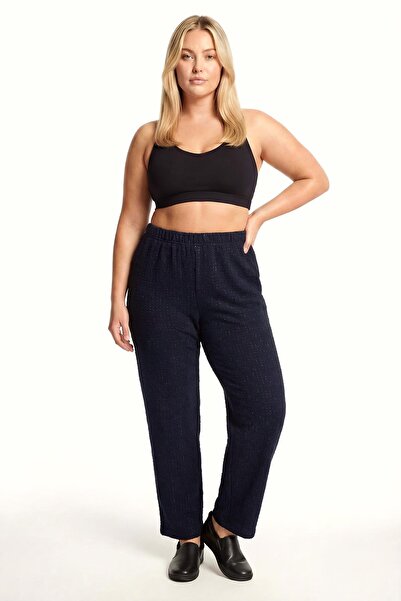Akbeniz Women's Navy Blue Textured Plus Size Pajama Bottoms with Pockets