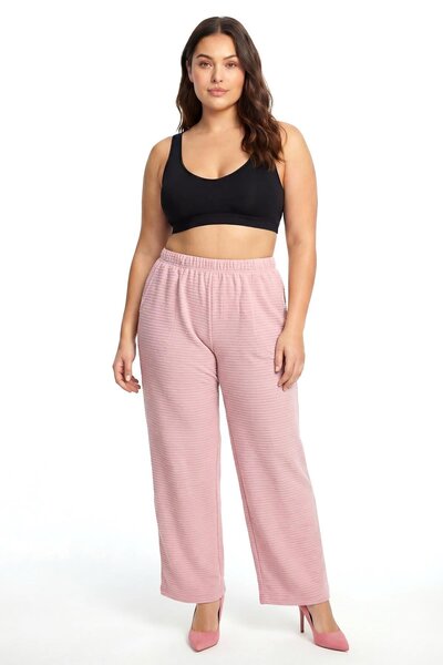 Akbeniz Women's Powder Pink Textured Plus Size Pajama Bottoms with Pockets