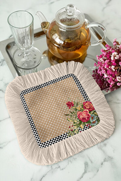 Evimde Bambaşka منديل تقديم بتصميم عتيق مزين بالزهور والشراشيب - منديل بوهيمي...