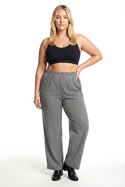 Akbeniz Women's Black-White Checkered Plus Size Pajama Bottoms with Pockets