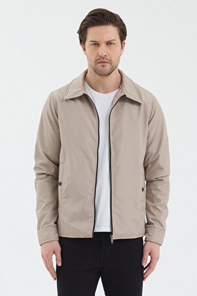 LEVEL HİGH Erkek Bej Polo Yaka Basic Fermuarlı Mevsimlik Ceket