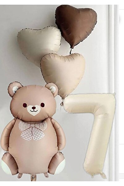 Çemrek Süs Parti Brown Bear Balloon Age and Heart Balloon Set 5 Pieces